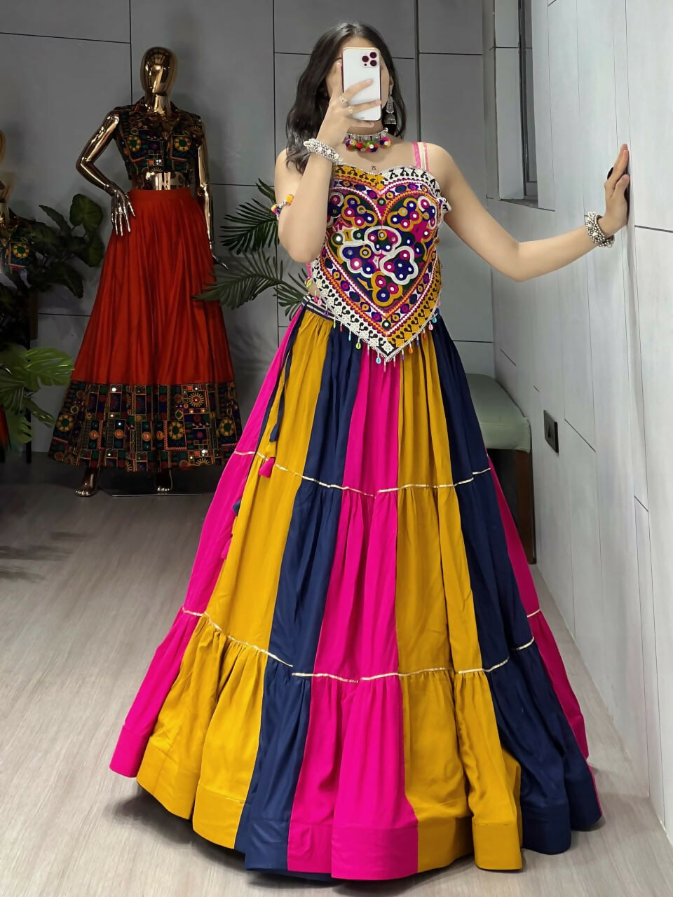 Yash Enterprise Multi Color Rayon Cotton Embroidery Semi Stitched Navratri Top Chaniya Choli