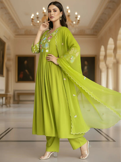 The52 Women's Beautiful Embroidery Work Viscose Silk Fabric Flared Kurta Pant and Dupatta Set-Liril