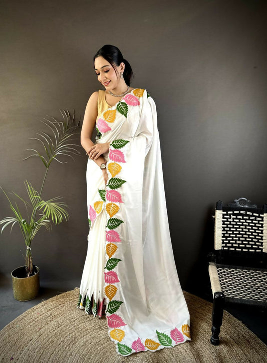 Prime Volt Multicolor Leaf Embroidery Rangoli Silk Saree with Scalloped Border-White