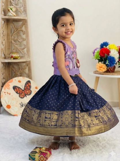 Teeya Creation New Stylish Girls Lavender & Navy Blue Silk Traditional Pichwai Art Lehenga Choli Set-Blue