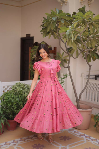 Teeya Creation Womens New Summer Wear Cotton Fabric With Embroidered Work Gown Set