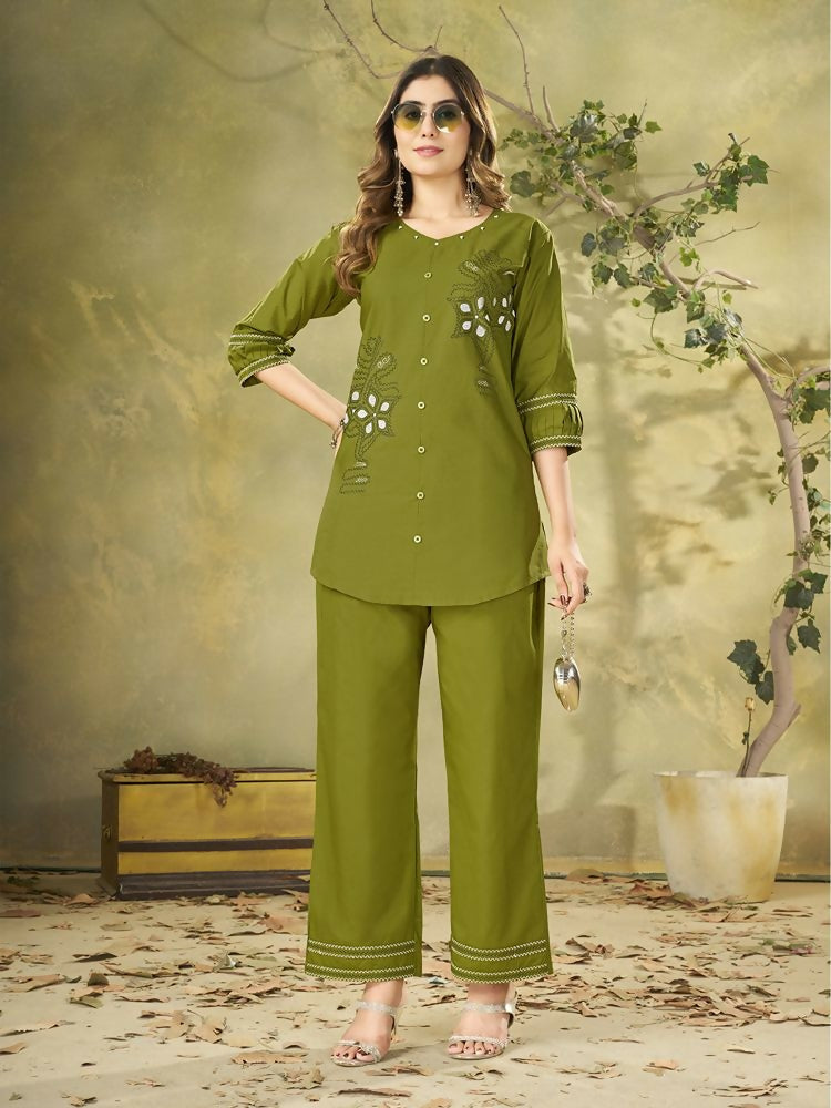 Teeya Creation Olive Green Embroidered Cotton Co-ord Set for Women