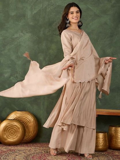 The52 Women's Beautiful Embroidery Work Silk Fabric Straight Kurta Palazzo and Dupatta Set