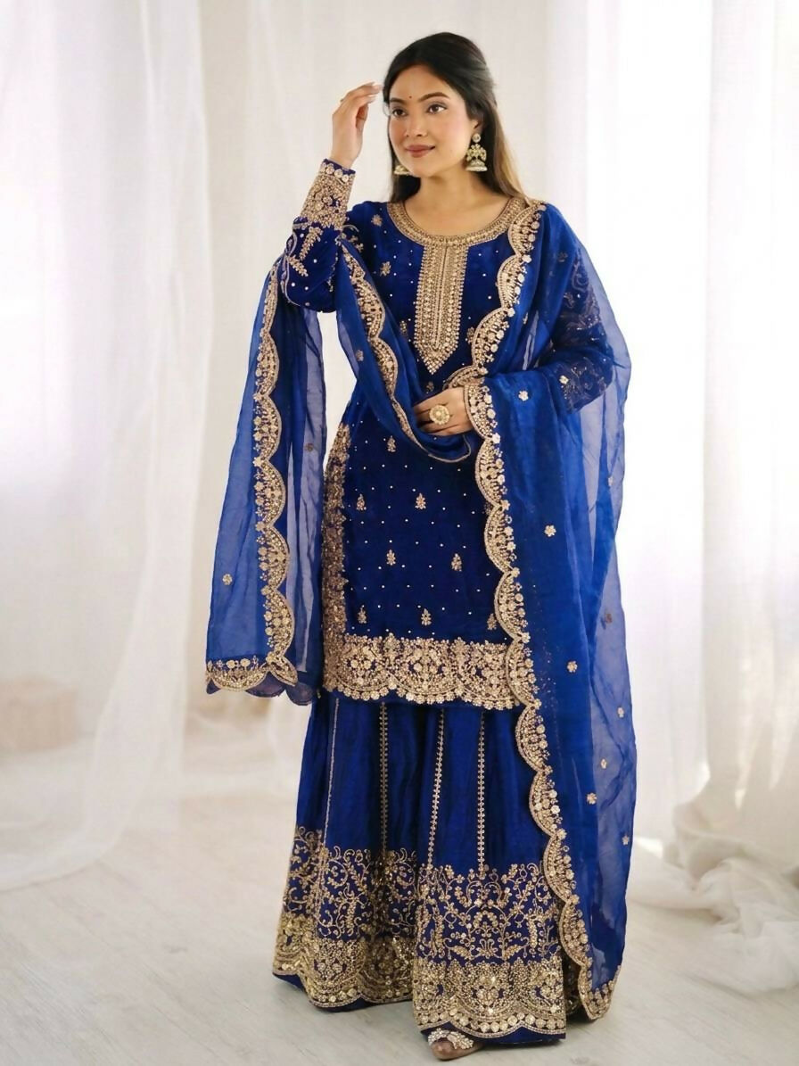 Teeya Creation Womens New Trendy Embroidery Coding And Sequence Work Royal Blue Kurta Set