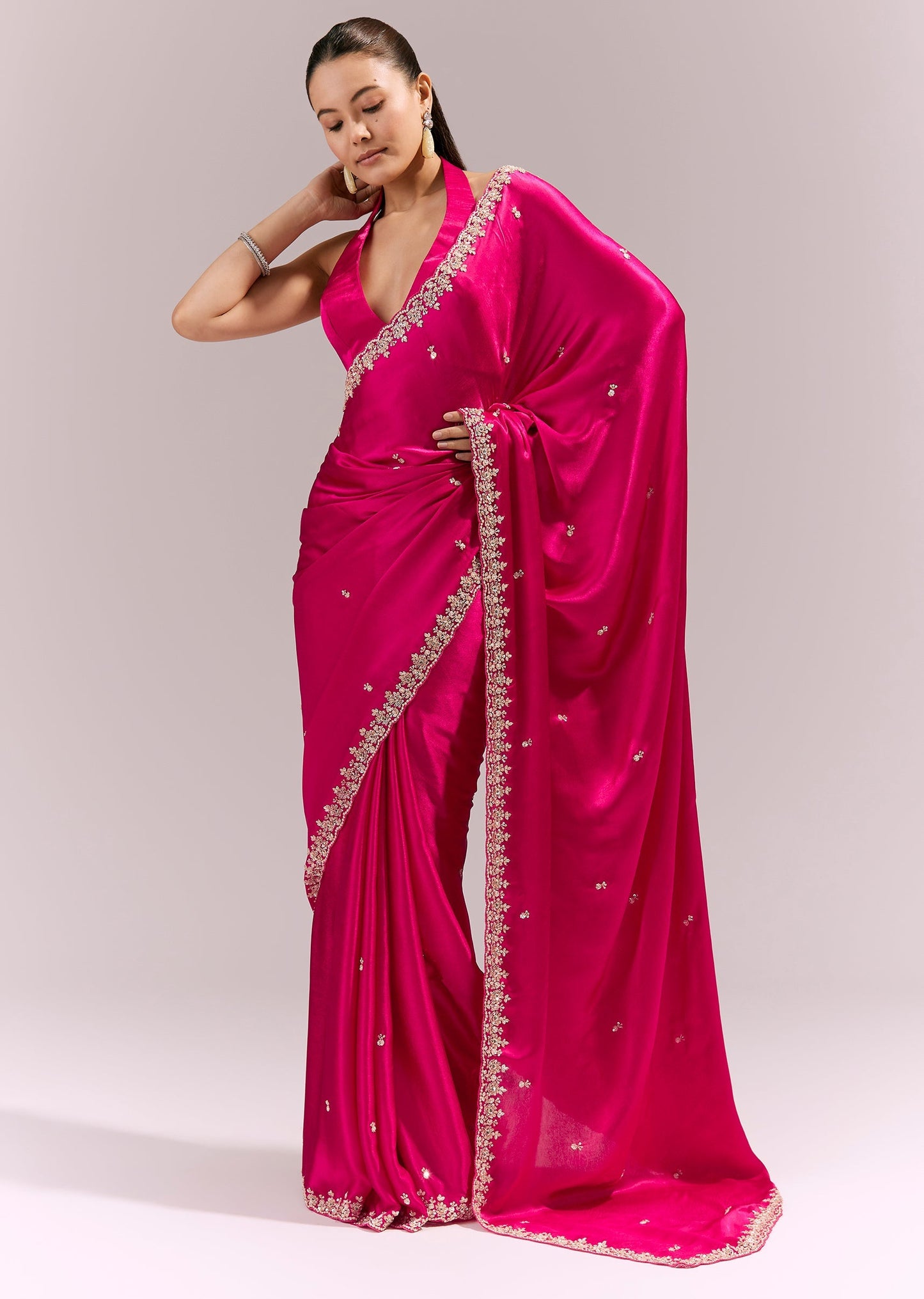 Hot Pink Satin Chinon Saree With Hand Embroidered Border And Buttis