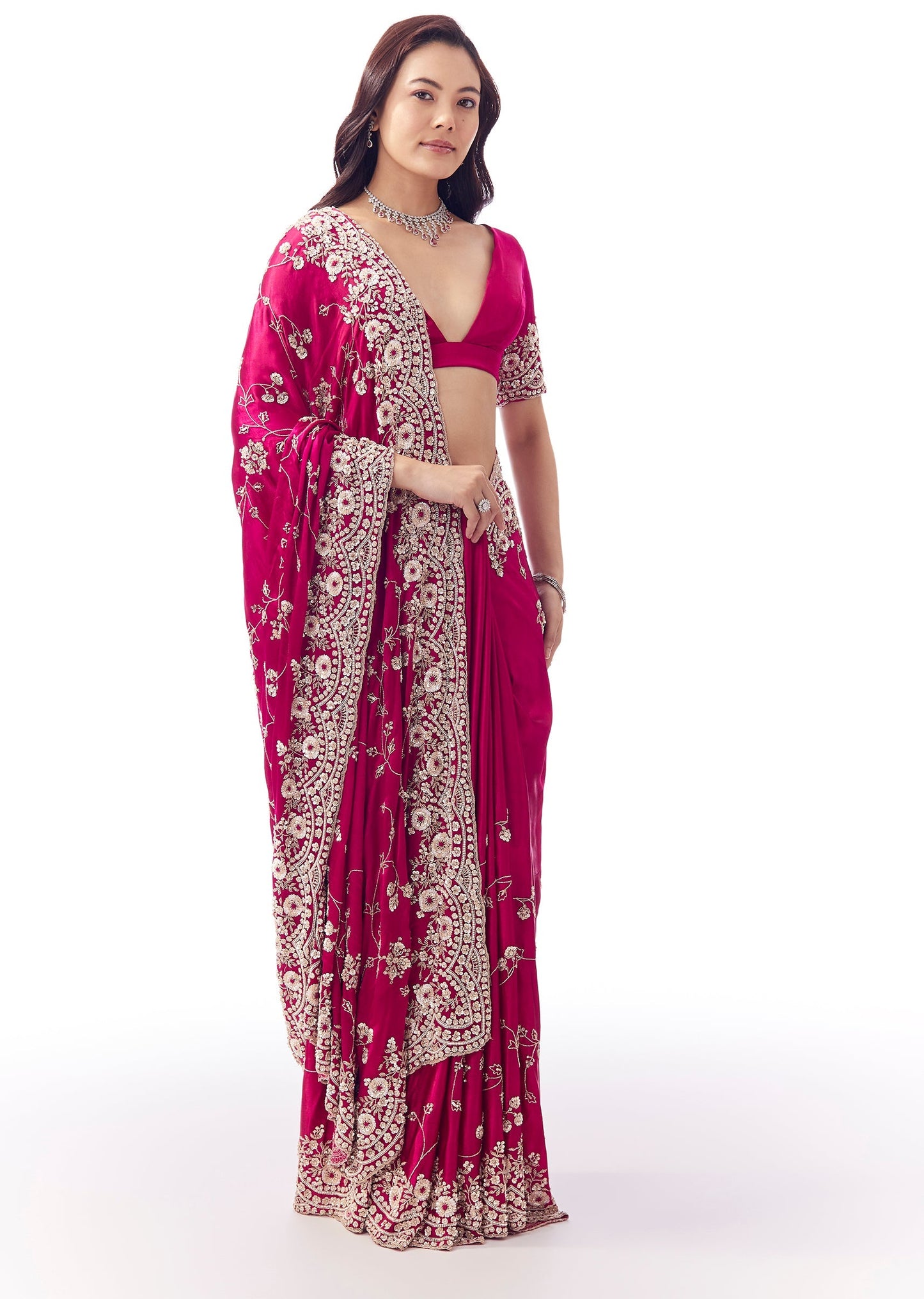 Hot Pink Satin Chinon Saree With Heavy Scalloped Embroidered Border And Floral Jaal