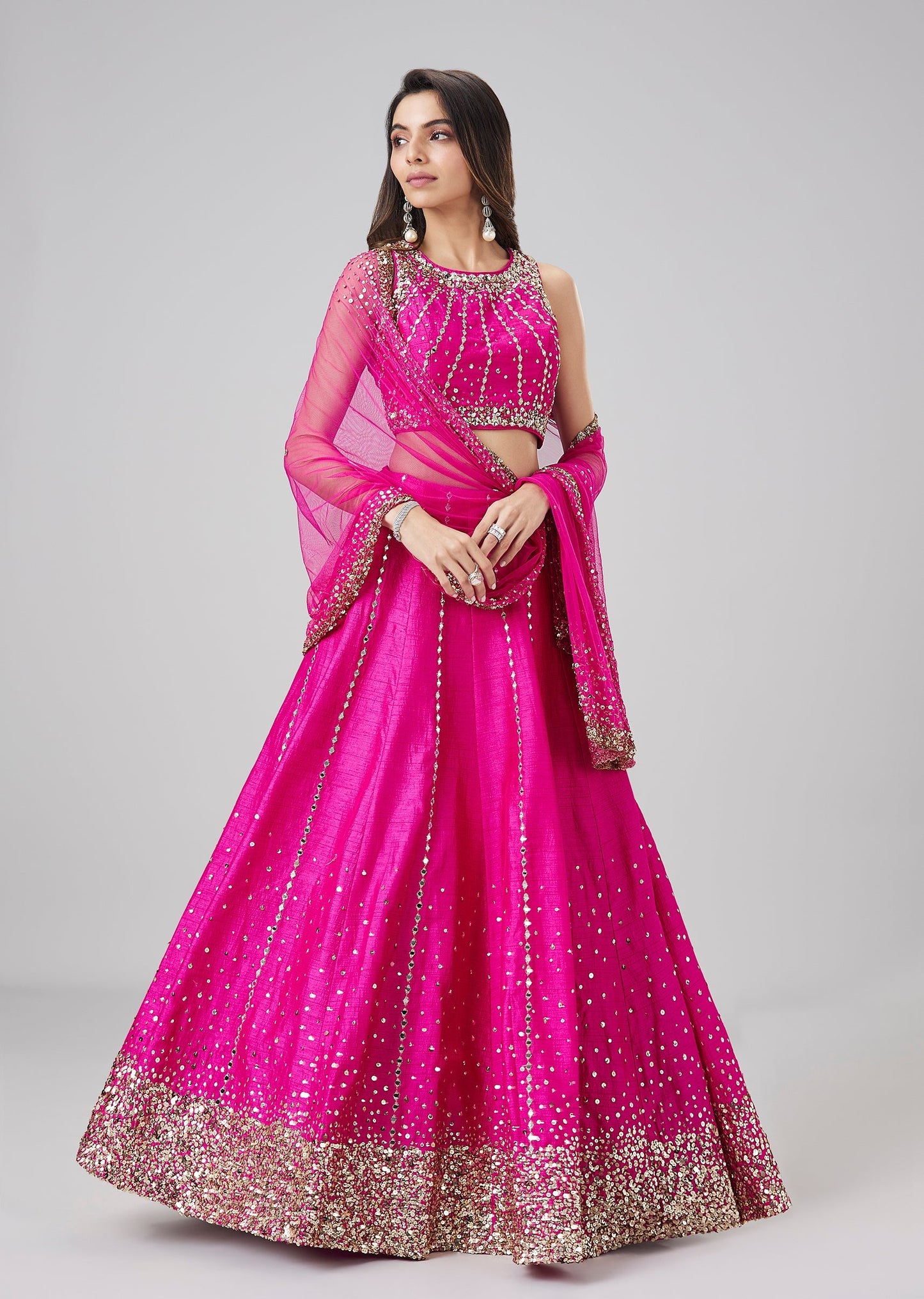 Hot Pink Sequin And Mirror Work Bridesmaid Lehenga Set