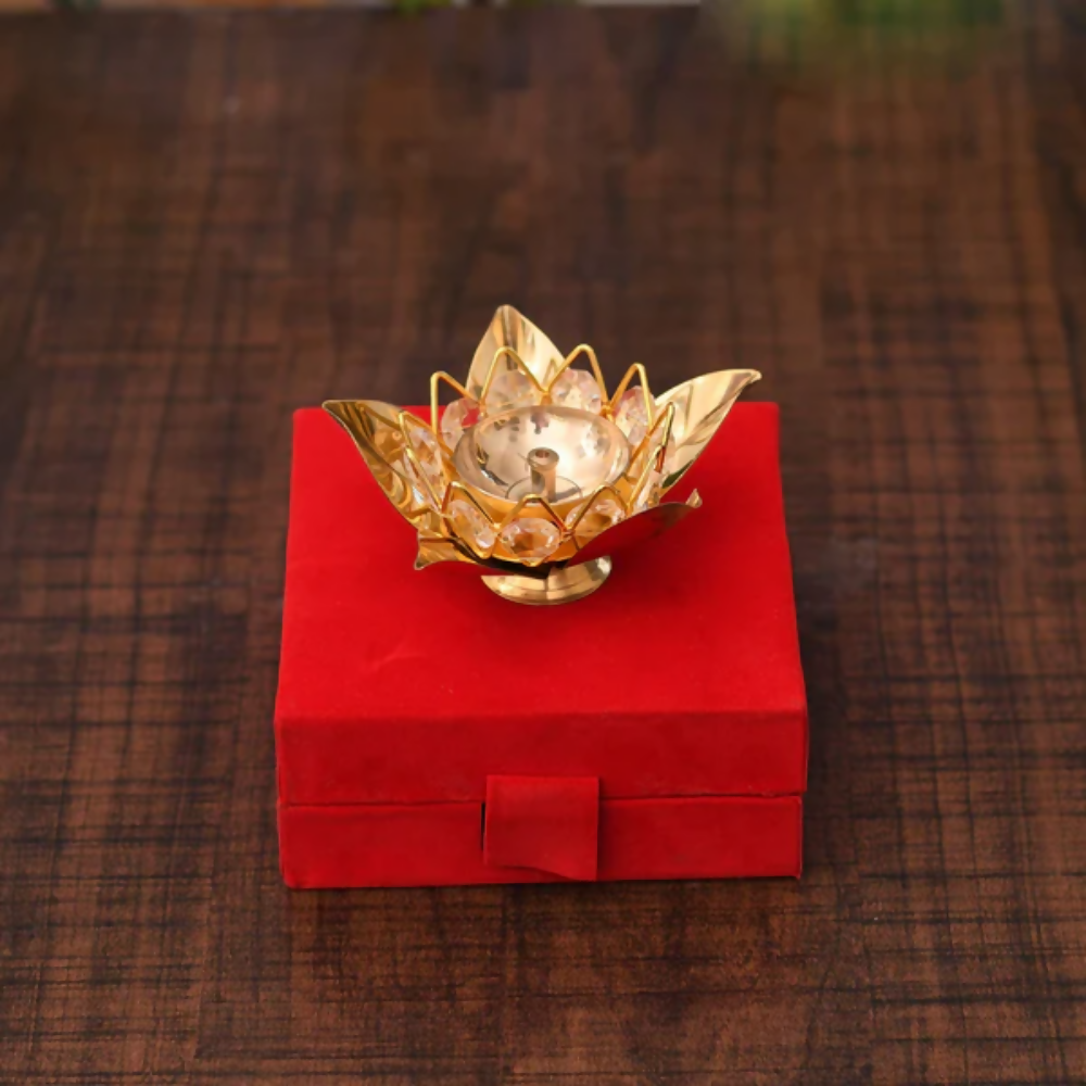 CraftVatika Brass Crystal Lotus Shape Diya Deepak With Gift Box