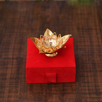 CraftVatika Brass Crystal Lotus Shape Diya Deepak With Gift Box