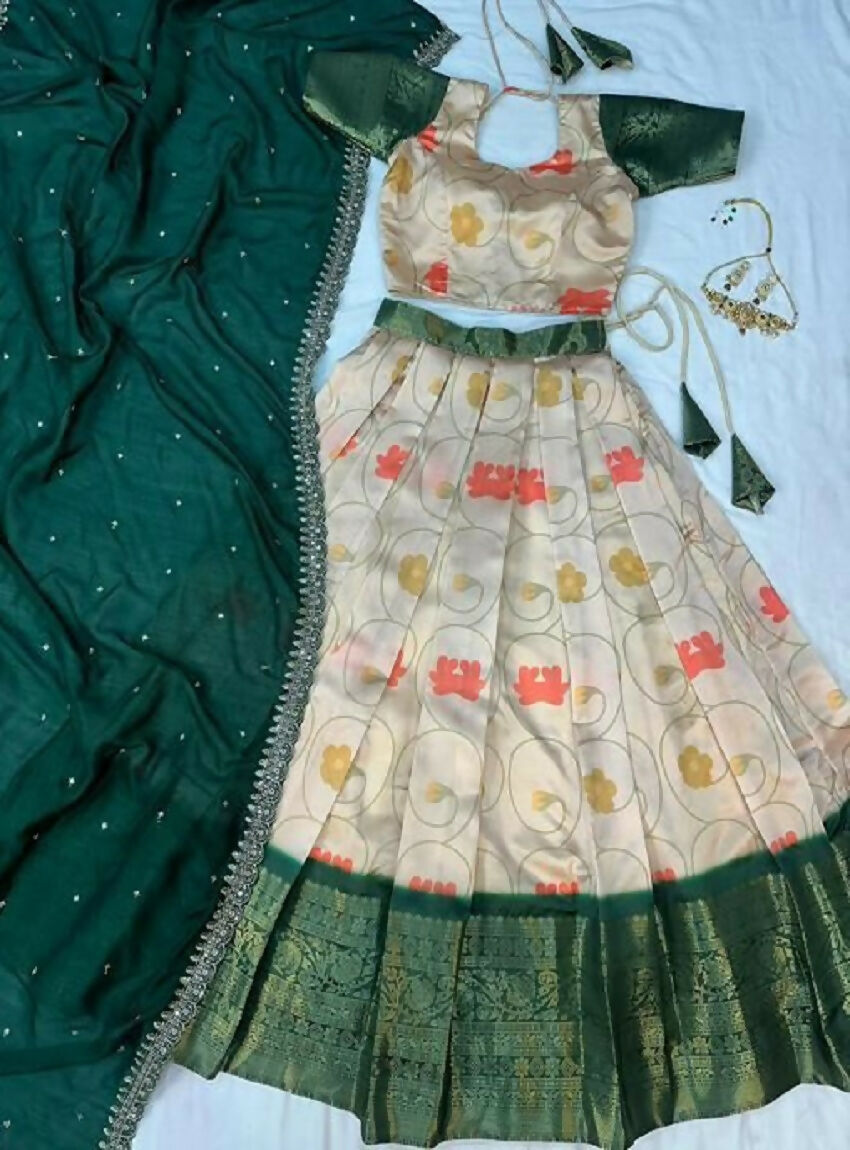 Teeya Creation Womens New Trendy Designer Green Floral Lehenga Choli Set with Contrast Border and Dupatta Set