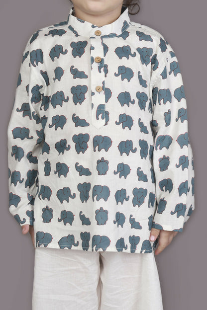 Breathables Kids Cotton Night Suit  White Elephant Print Kurta & Pyjama Co-Ord Set For Boys & Girls
