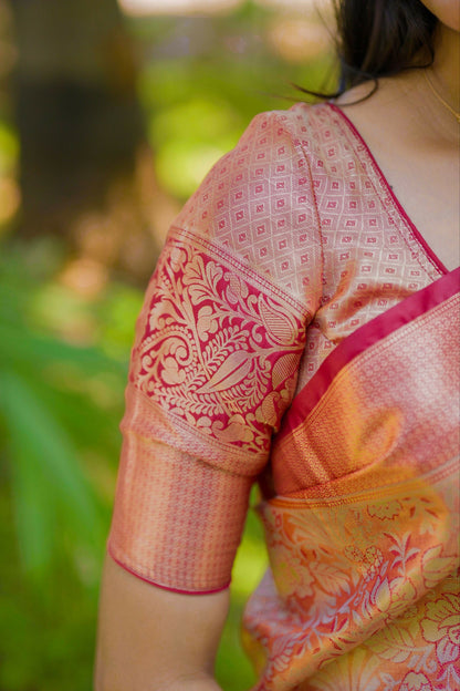 Prime Volt Bridal Kanchipuram Silk Saree with Rich Zari Weaving & Contrast Border-Orange