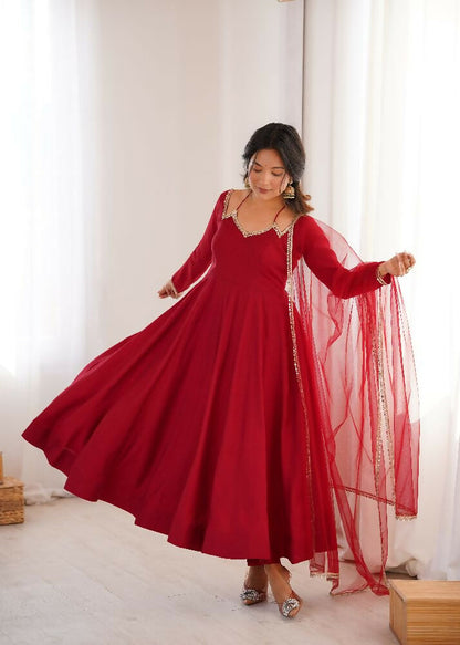 The52 Women's Gorgeous Embroidery Work Roman Silk Chanderi Fabric Flared Anarkali Pant and Dupatta Set