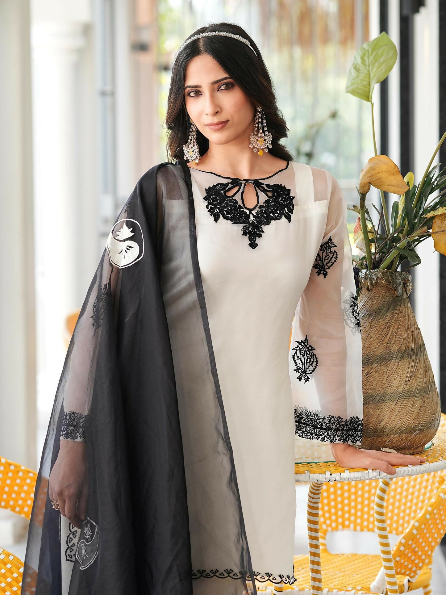 Nikhaar Cream Embroidered Organza Stitched Straight Cut Kurta Farshi Salwar Dupatta Readymade Suit
