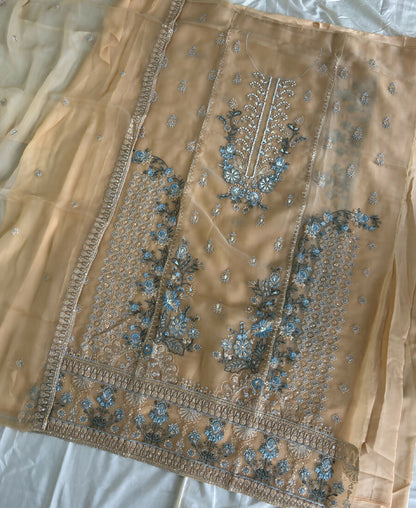 KC Heavy Chiffon Silk Yellow Hand Embroidered Straight Suit For Women Wedding
