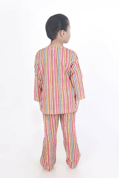 Breathables Kids Cotton Stripes Print Kurta Pyjama Night Suit - Multicolor