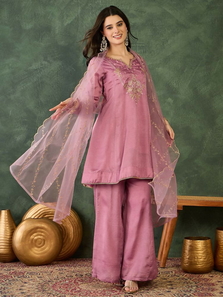 The52 Women's Gorgeous Embroidery Work Viscose Silk Fabric A-line Kurta Sharara and Dupatta Set