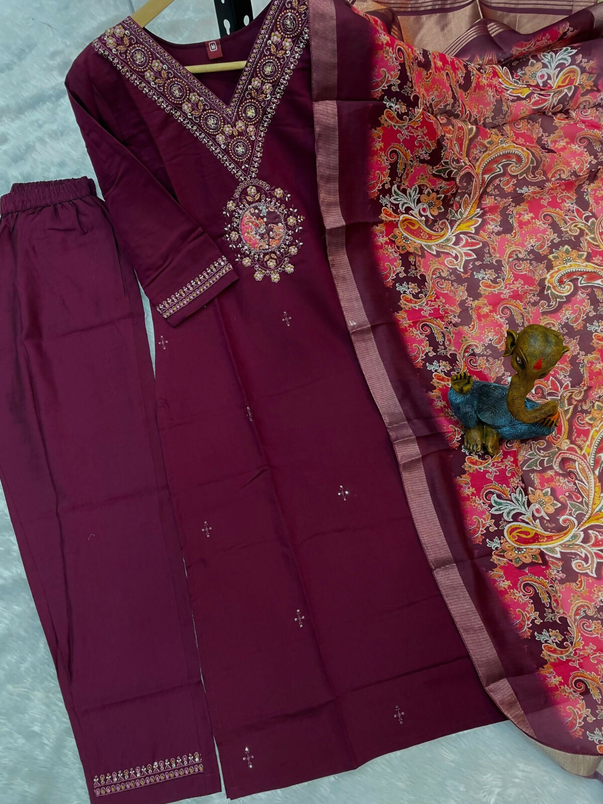 Teeya Creation Womens Wine Embroidered Kurta Pant Set