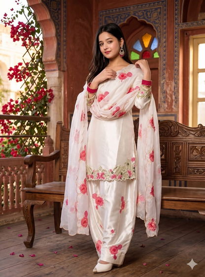 Teeya Creation Off-White Patiala Salwar Suit With Floral Embroidery