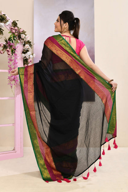 Piyari Fashion Women's Black Embellished Zari Border Cotton Saree