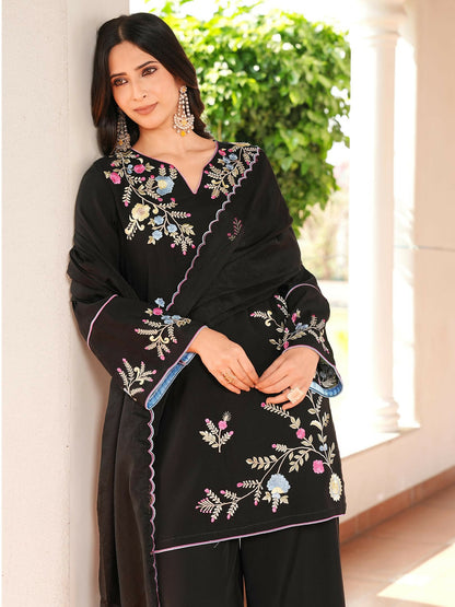 Nikhaar Black Embroidered Art Silk Stitched Straight Cut Kurta Culottes Dupatta Readymade Suit