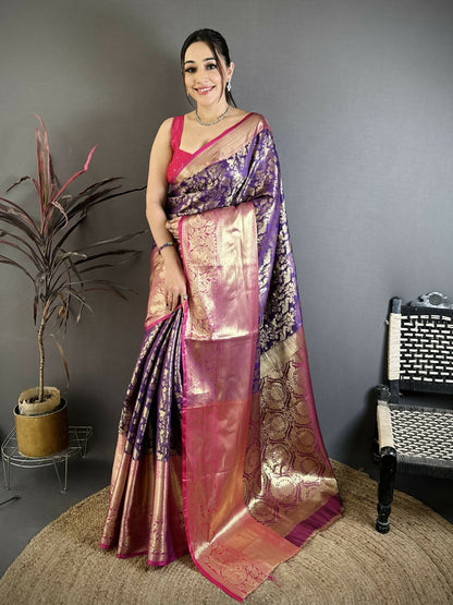 Prime Volt Pure Handloom Kanjivaram Katan Silk Saree with Antique Zari & Contrast Pallu-Purple