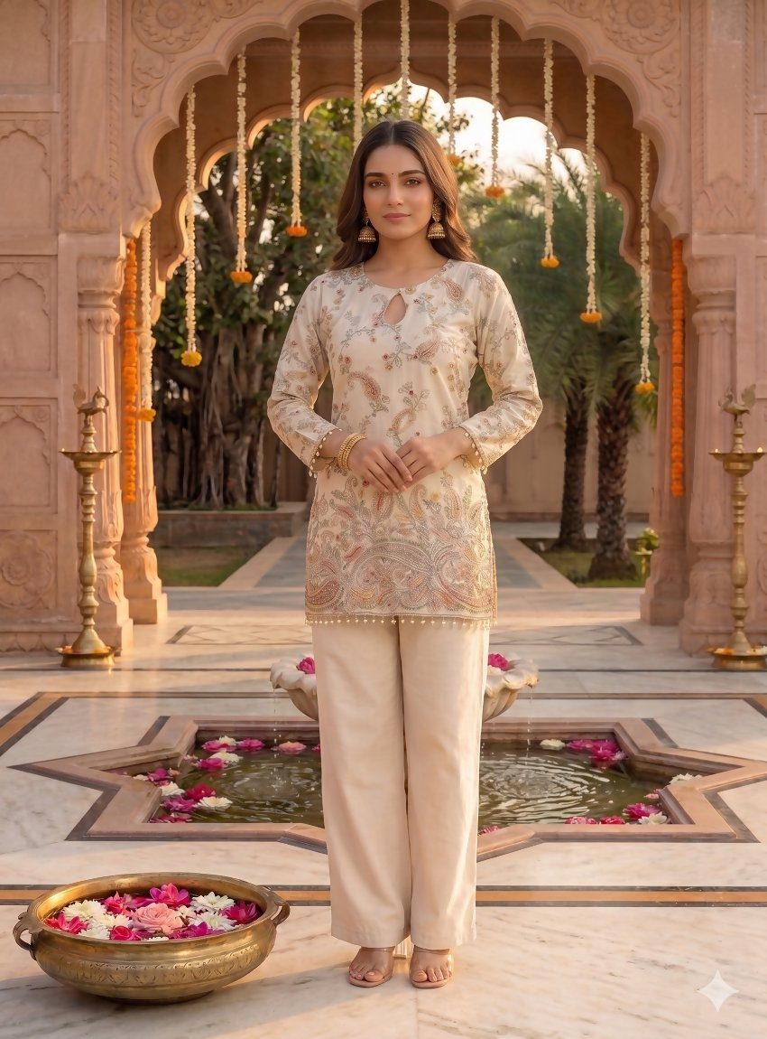 Teeya Creation Off-White Embroidered Straight Kurta With Pant Set