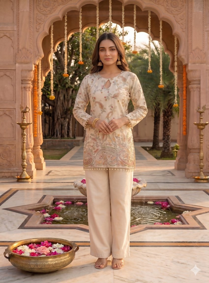 Teeya Creation Off-White Embroidered Straight Kurta With Pant Set