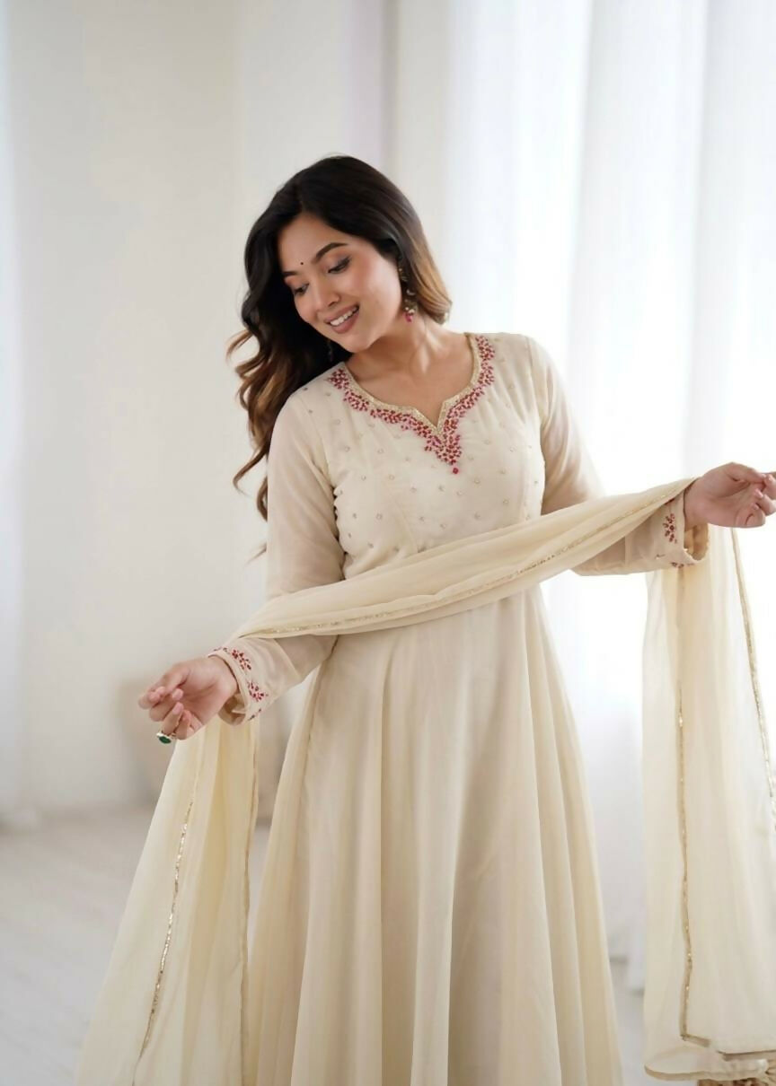 Teeya Creation Womens New Fancy Fox Georgette Heavy Quality Fabric With Handwork Cream Gown Set