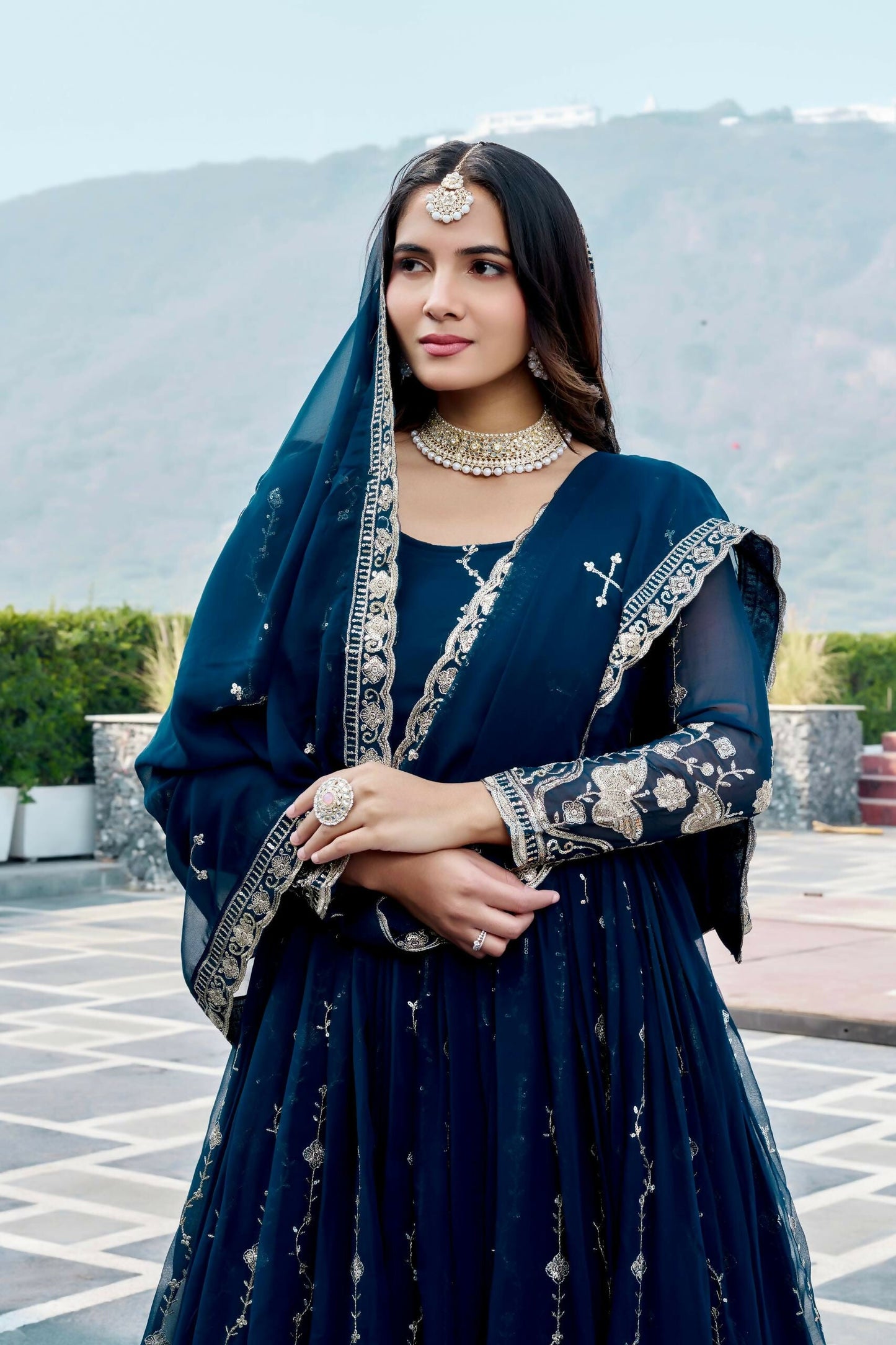 Teeya Creation Womens New Trendy Heavy Cording Sequence & Beads Embroidery Work Teal Gown Set