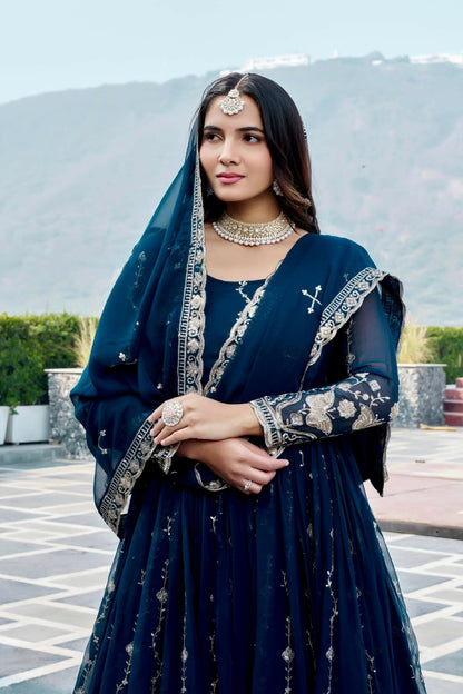Teeya Creation Womens New Trendy Heavy Cording Sequence & Beads Embroidery Work Teal Gown Set