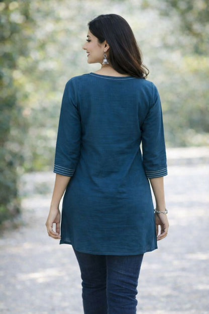 Teeya Creation Womens New Latest Cotton Blue Floral Embroidered Short Kurti