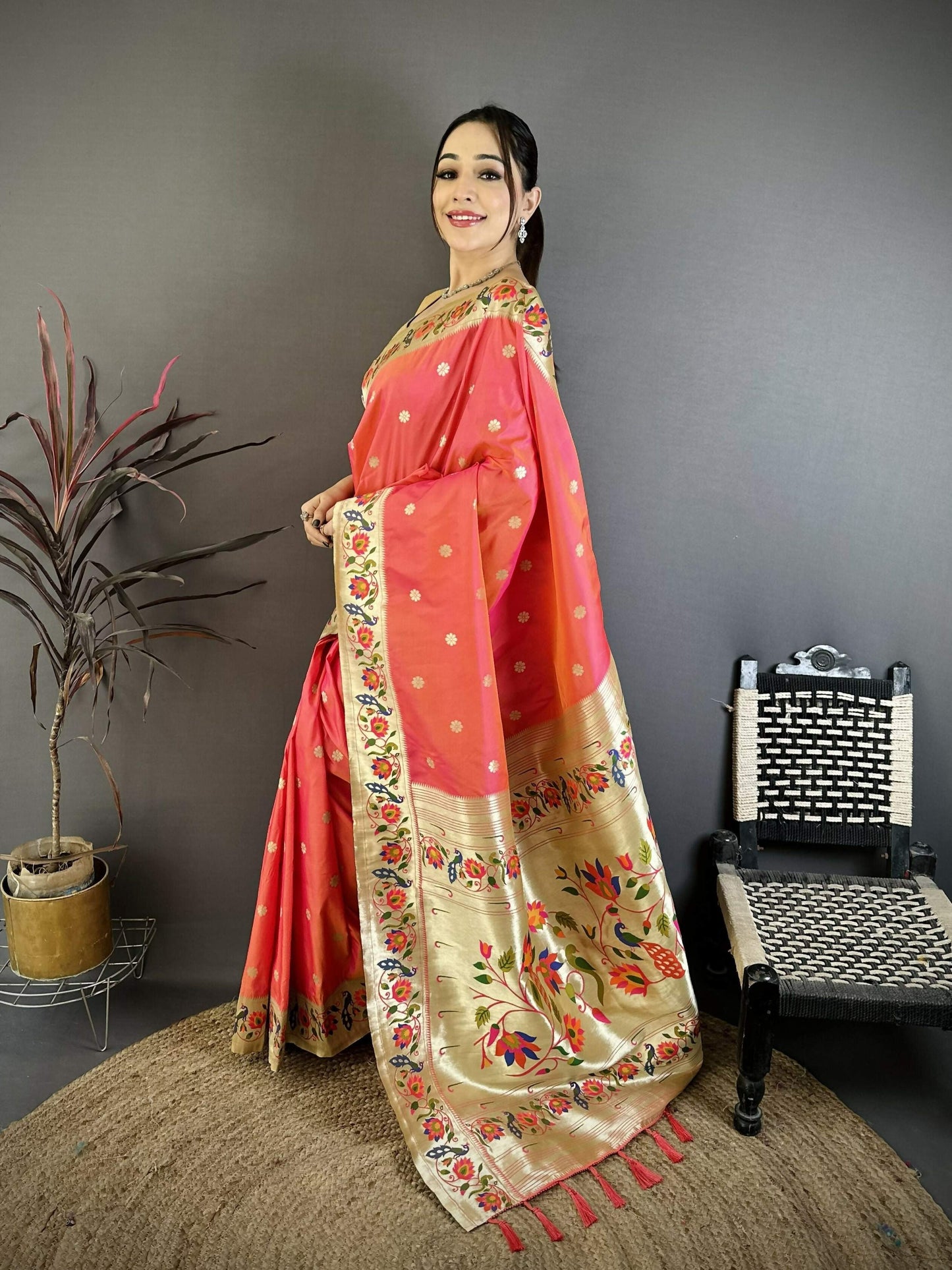 Prime Volt Premium Soft Silk Mayur Paithani Saree with Peacock Meena Weaving & Rich Pallu-Bright Pink