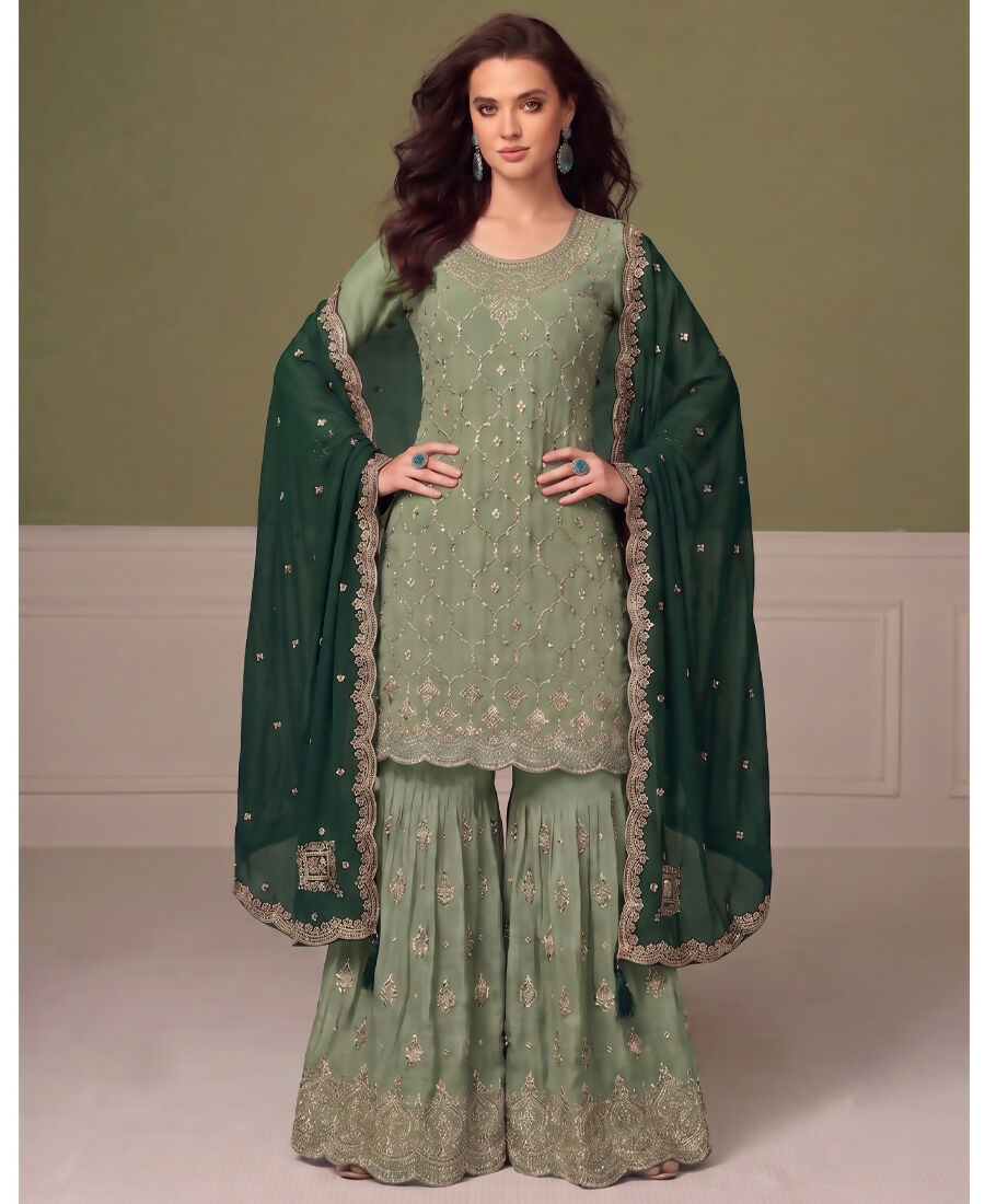 KC Heavy Chinon Pista Green Salwar Suit For Women Ethnic Wear