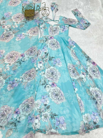The52 Women's Gorgeous Printed Fox Georgette Fabric Flared Anarkali and Dupatta Set-Sky