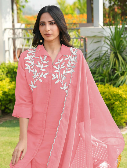 Nikhaar Light Pink Embroidered Viscose Georgette Stitched Straight Cut Kurta Culottes Dupatta Readymade Suit