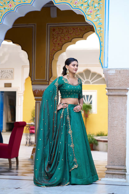 Lorenvalley Fashion Teal NC Silk Plain Lehenga Embroidery Work Choli with Dupatta