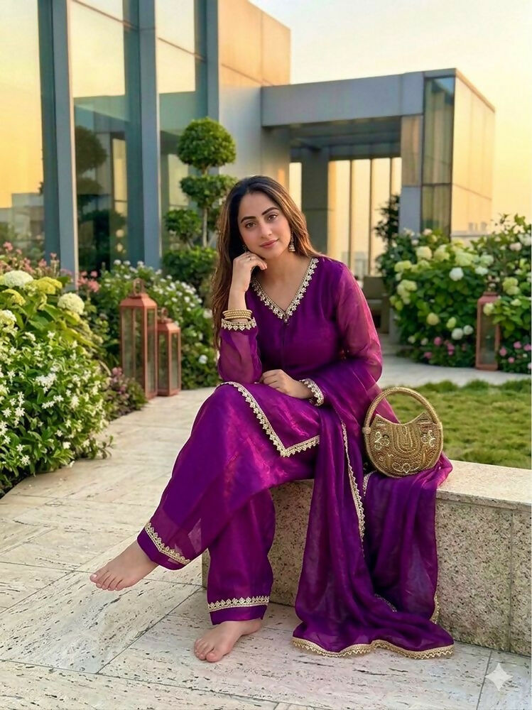Teeya Creation New Trendy Elegant Wine Chanderi Silk Kurta Set with Delicate Lace Detailing and Matching Dupatta