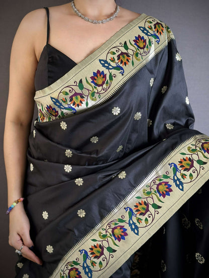 Prime Volt Premium Soft Silk Mayur Paithani Saree with Peacock Meena Weaving & Rich Pallu-Black
