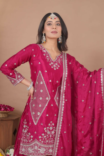 Teeya Creation New Womens Trendy Rani Pink Silk Blend Embroidered Sharara Suit Set With Dupatta
