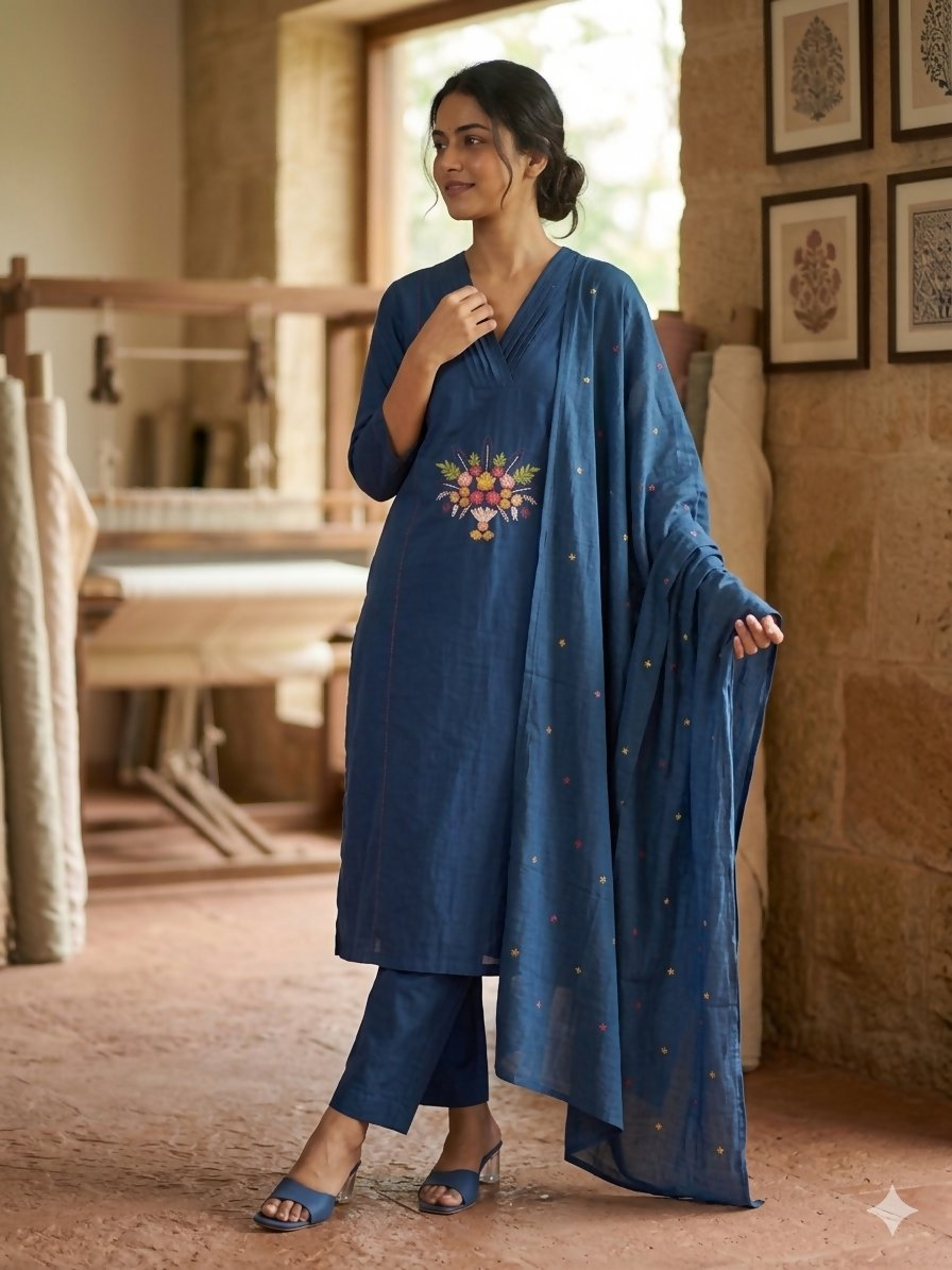 Teeya Creation Indigo Blue Straight Kurta Pant Set With Matching Dupatta