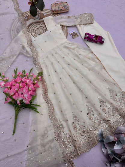 Teeya Creation Womens New Latest Trendy Elegant White Embroidered Anarkali Suit Set with Scalloped Dupatta