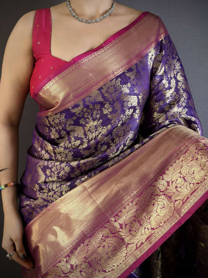 Prime Volt Pure Handloom Kanjivaram Katan Silk Saree with Antique Zari & Contrast Pallu-Purple