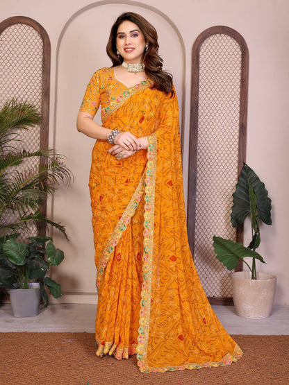 Teeya Creation Womens Trendy Simply Bandhej Georgette Saree-Yellow