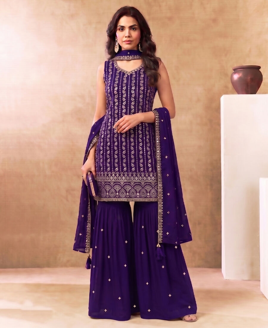 KC Latest Cocktail Wear Purple Chinon Sharara Suit For Women