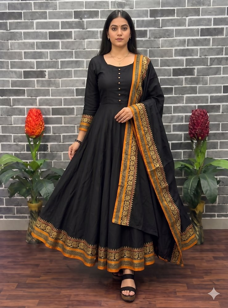Teeya Creation New Trendy Stylish Black Solid Anarkali Kurta with Traditional Golden Border Dupatta Set