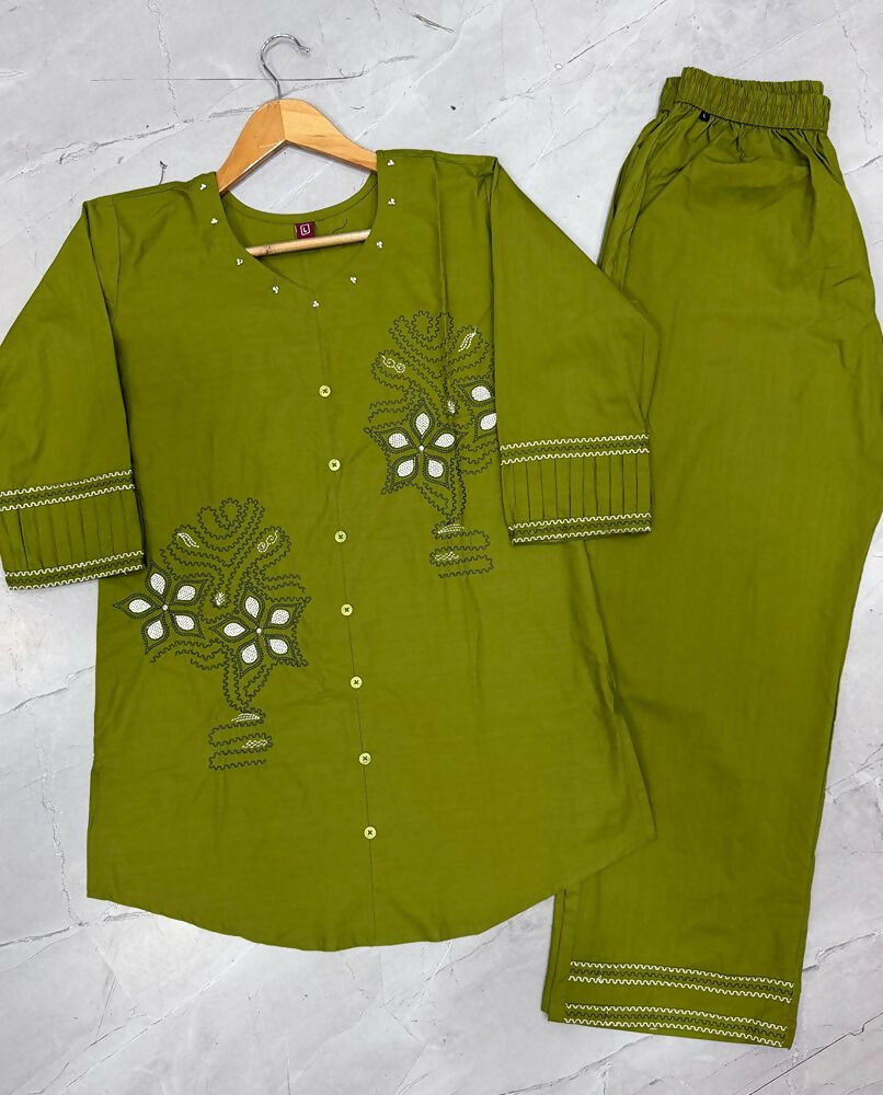 Teeya Creation Olive Green Embroidered Cotton Co-ord Set for Women