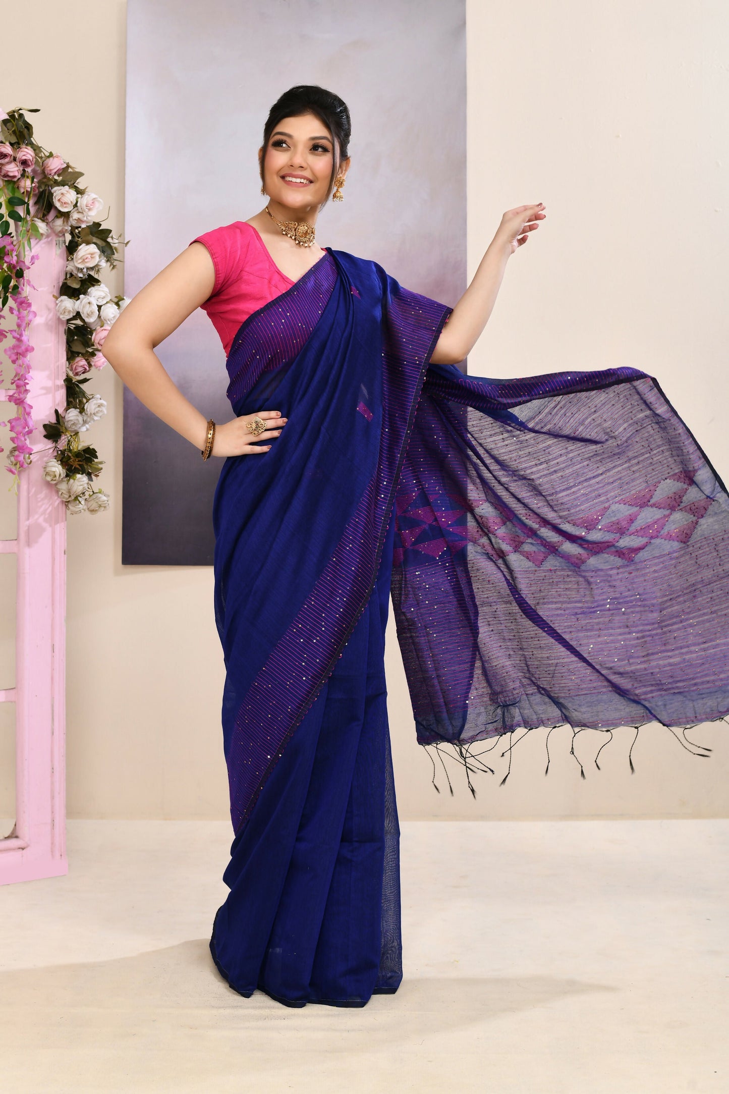 Piyari Fashion Women's Blue Sequins Embellished Cotton Blend Jamdani Saree