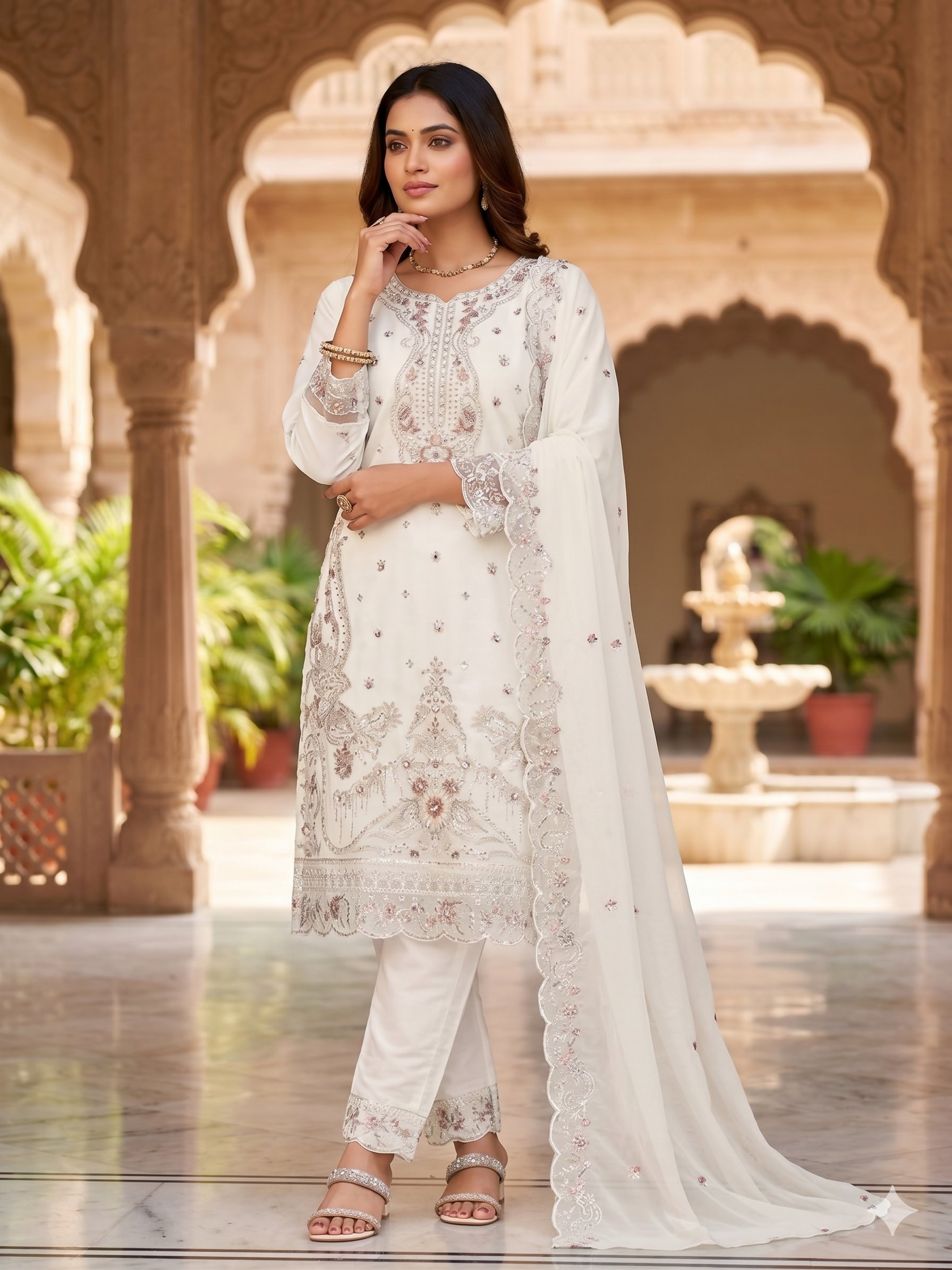 Teeya Creation Womens New Trendy Silk With Heavy Embroiedery With Sequence Work White Kurta Set
