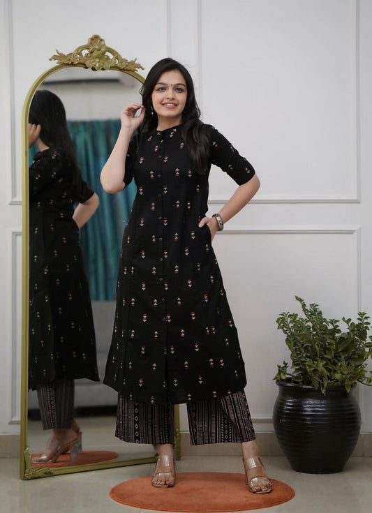 Teeya Creation Classic Black Cotton Kurta Set With Subtle Embroidery And Printed Palazzos